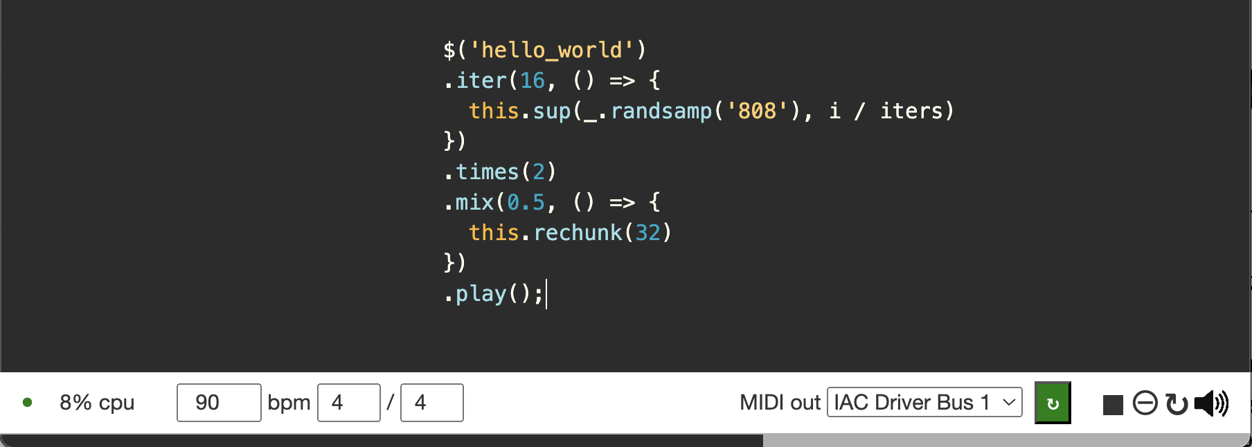 the Facet text editor containing a live-coded audio synthesis algorithm