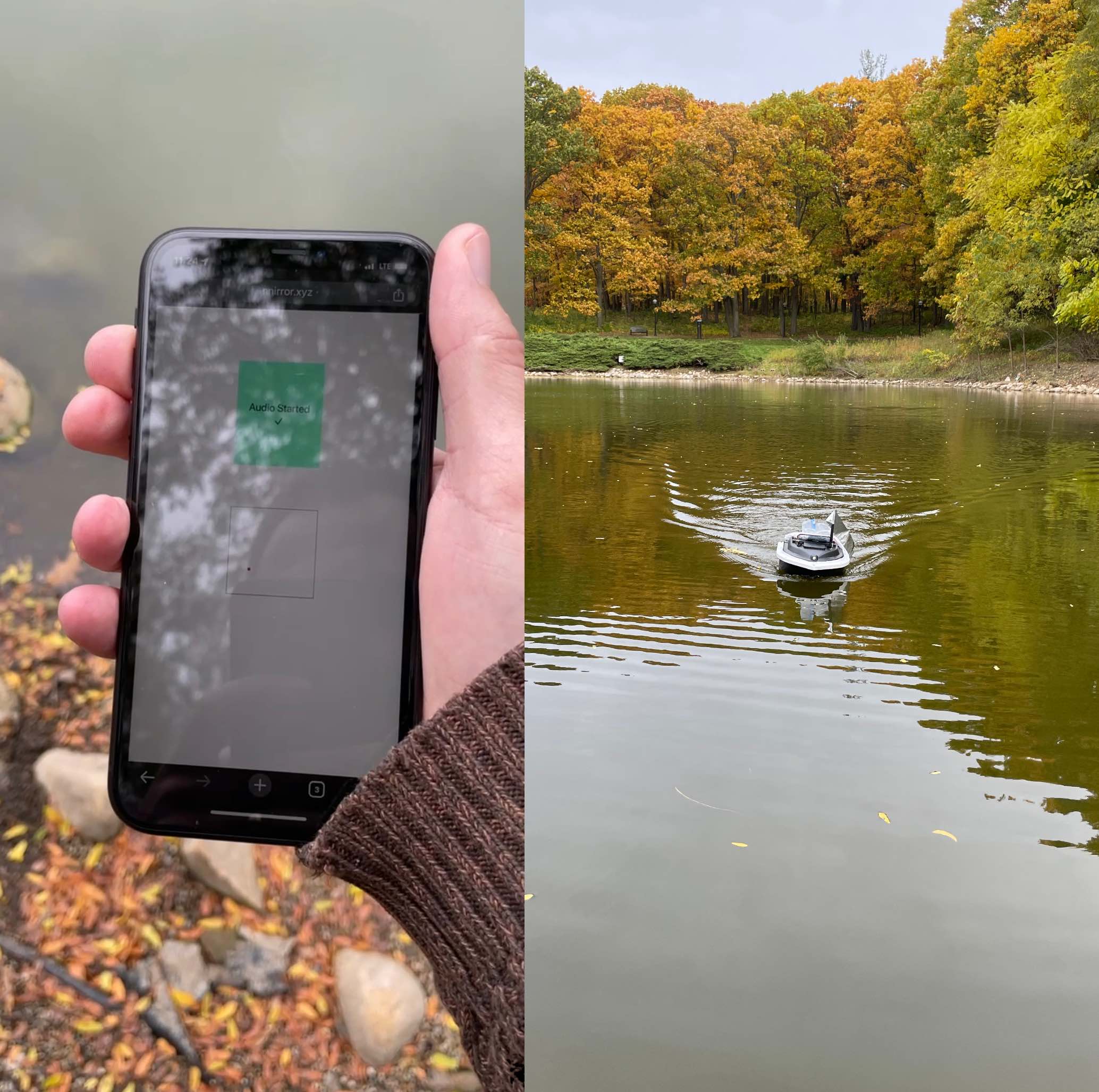 A handheld phone displaying the user interface for Sojourner Pond Music, and the remote-controlled miniature boat on which the phone moved around the pond